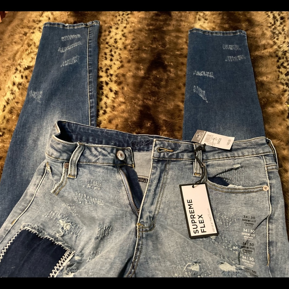 Stacked Skinny 34” x 34” Supreme Flex Blue Jeans Rue21 Distressed Patches Pants! - Picture 2 of 4